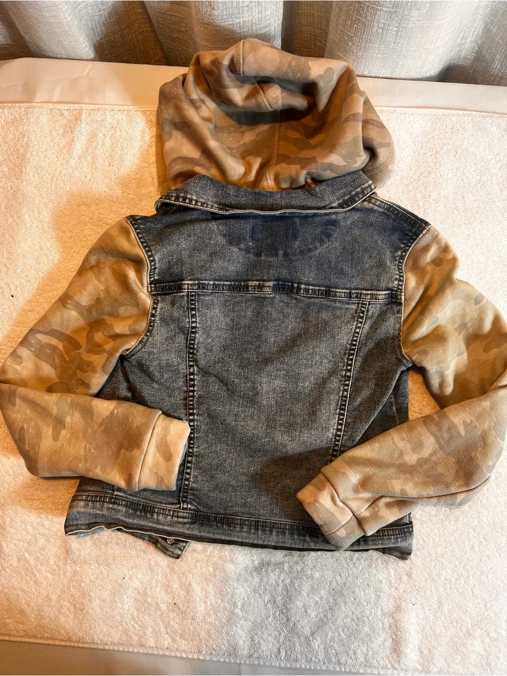 Wallflower Girls' Denim Jacket with Tan Camo Hood & Sleeves SIZE SMALL